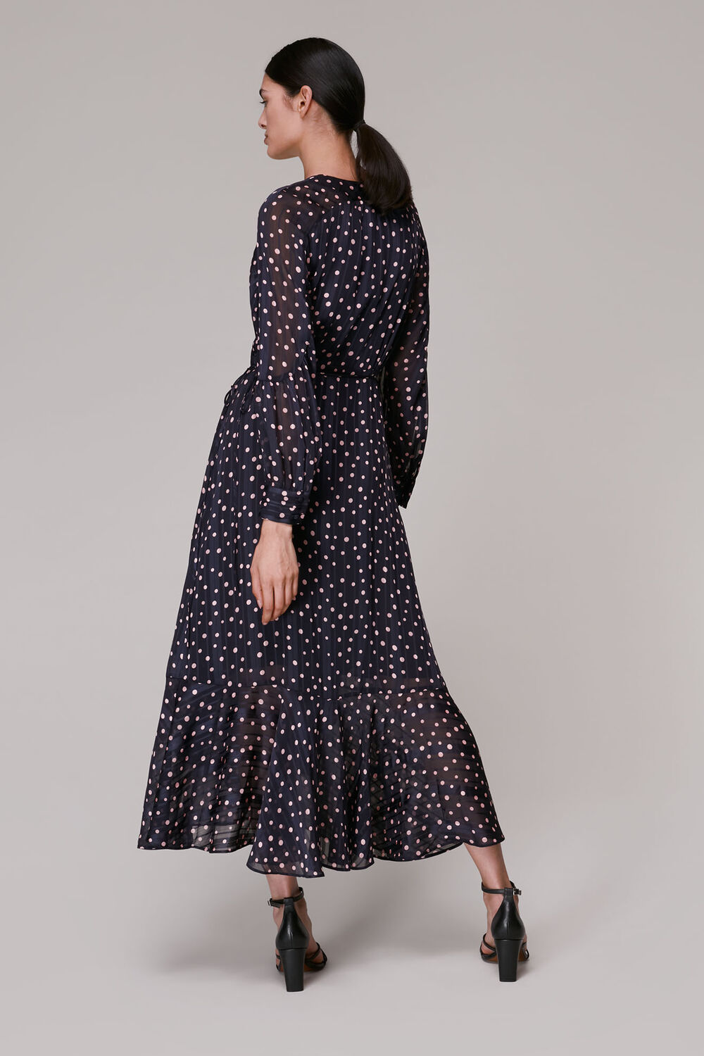 Blue Satin Stripe Spot Wrap Dress