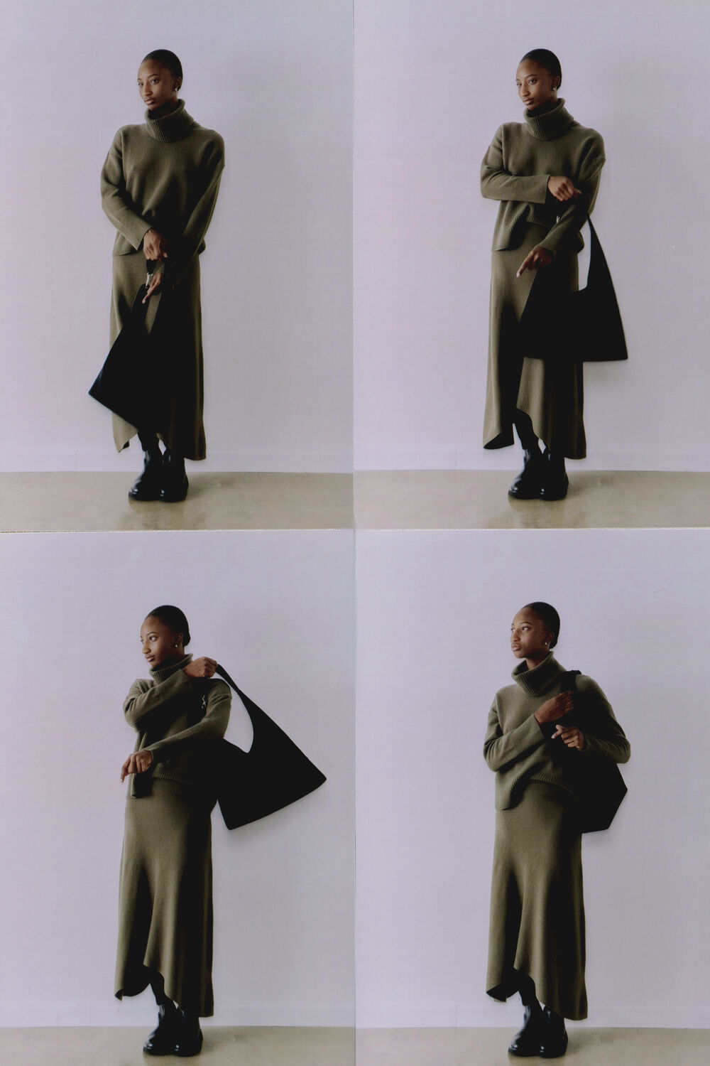 Khaki Asymmetric Hem Wool Knit Skirt