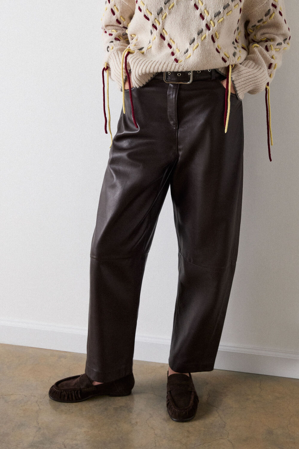 Brown Belted Leather Barrel Trouser