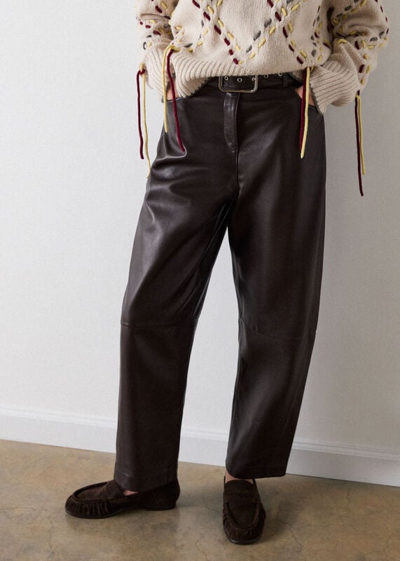 Brown Belted Leather Barrel Trouser