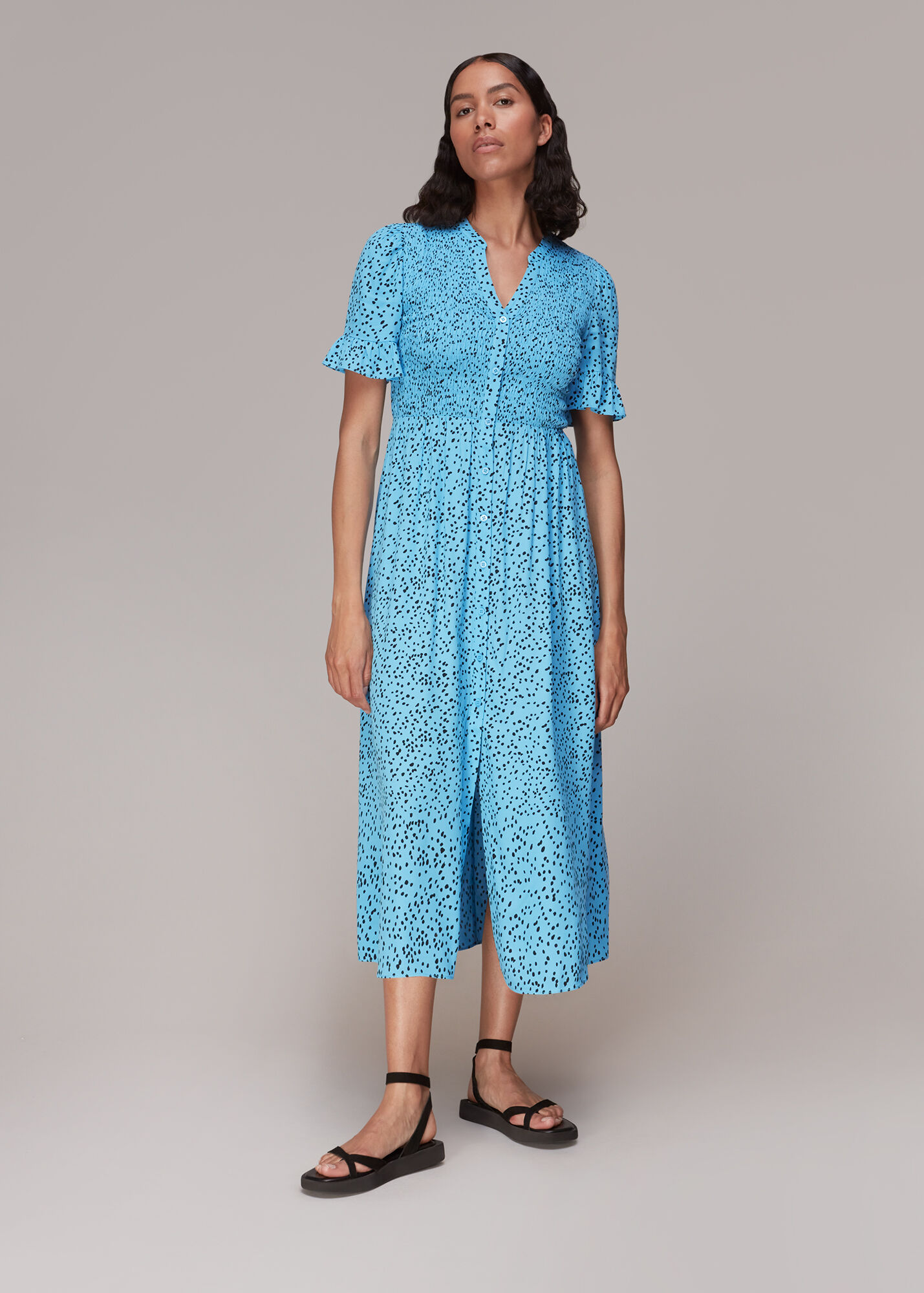 Blue/Multi Spotted Dot Shirred Midi Dress | WHISTLES