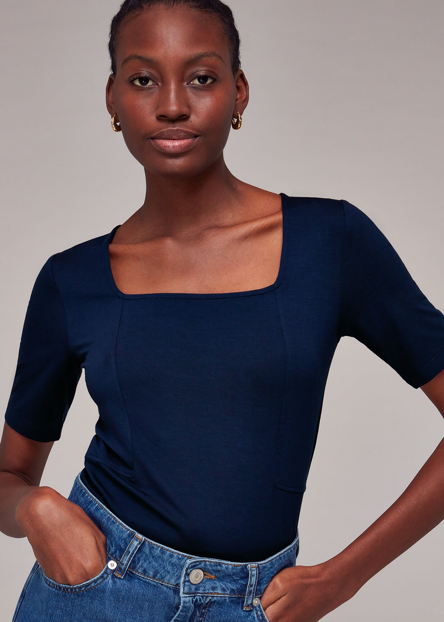 Navy Square Neck T-Shirt | WHISTLES | Whistles US |