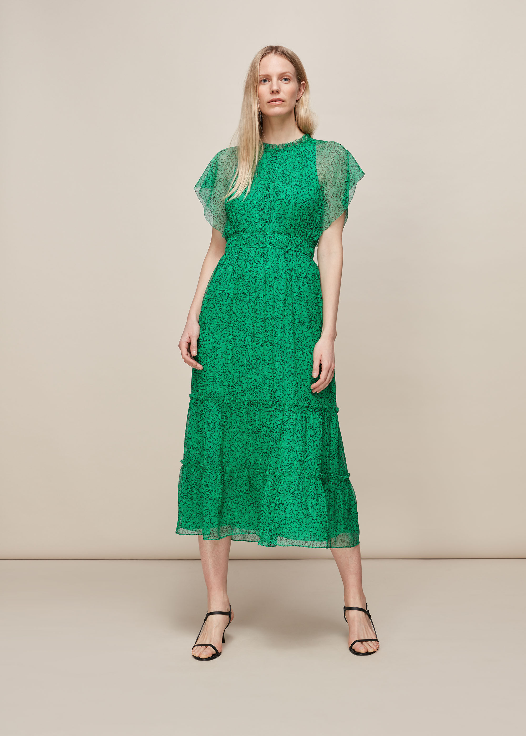 Green Sketched Floral Frill Dress