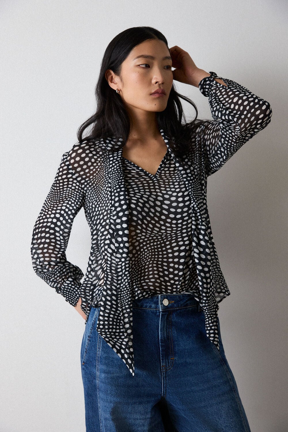 Black Mixed Spot Scarf Sheer Blouse