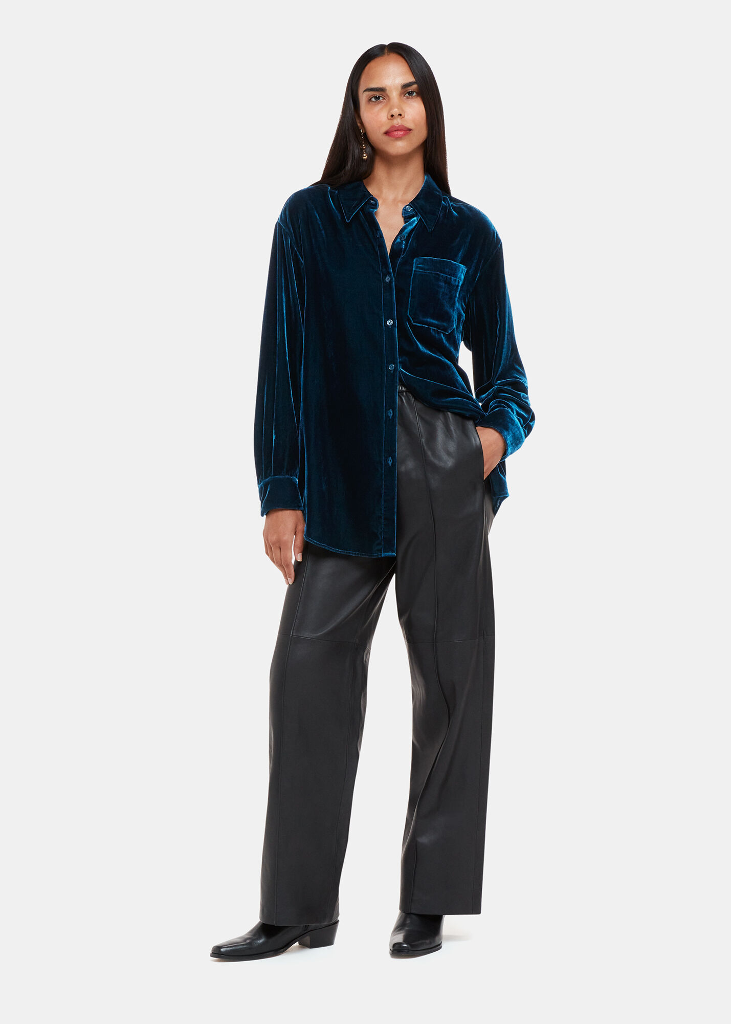 Dark Blue Velvet Oversized Shirt With Front Pocket Whistles