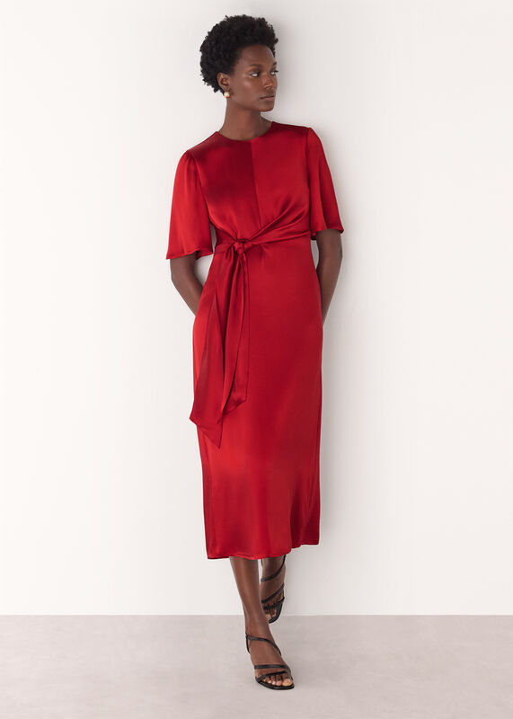 Red Satin Twist Waist Midi Dress