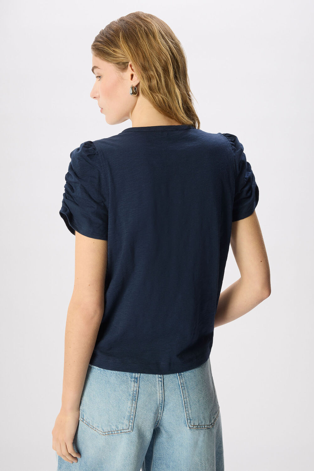 Navy Round Neck Gathered Sleeve Tee