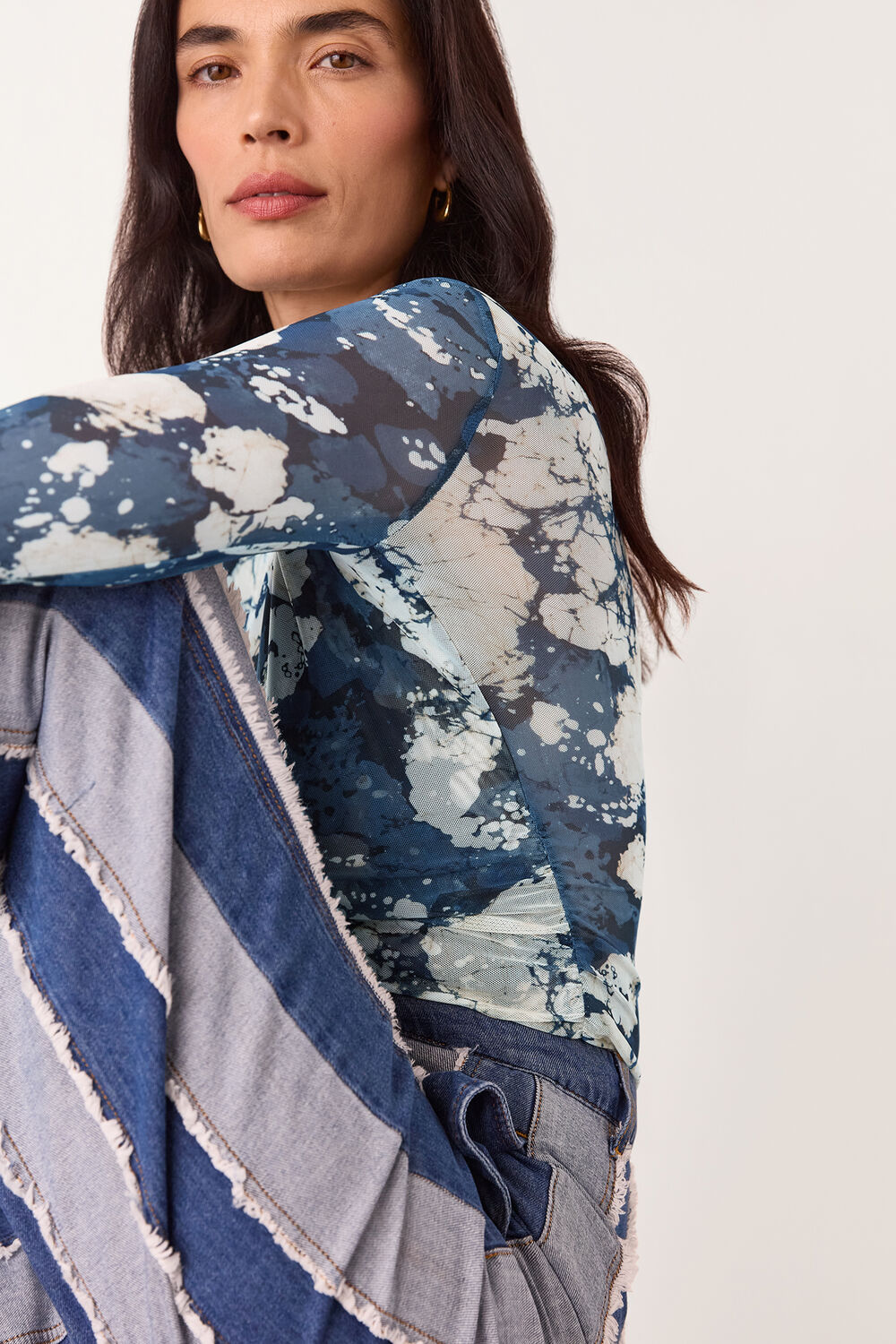 Blue Batik Marble Gathered Mesh Top