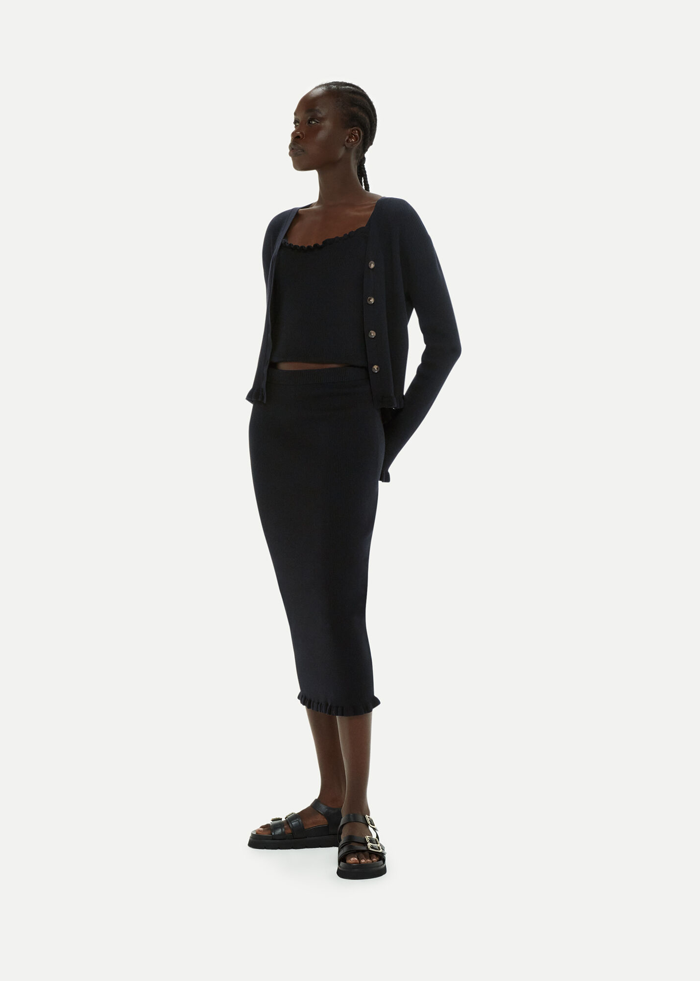 Black Frill Hem Knitted Midi Skirt | WHISTLES | Whistles US |