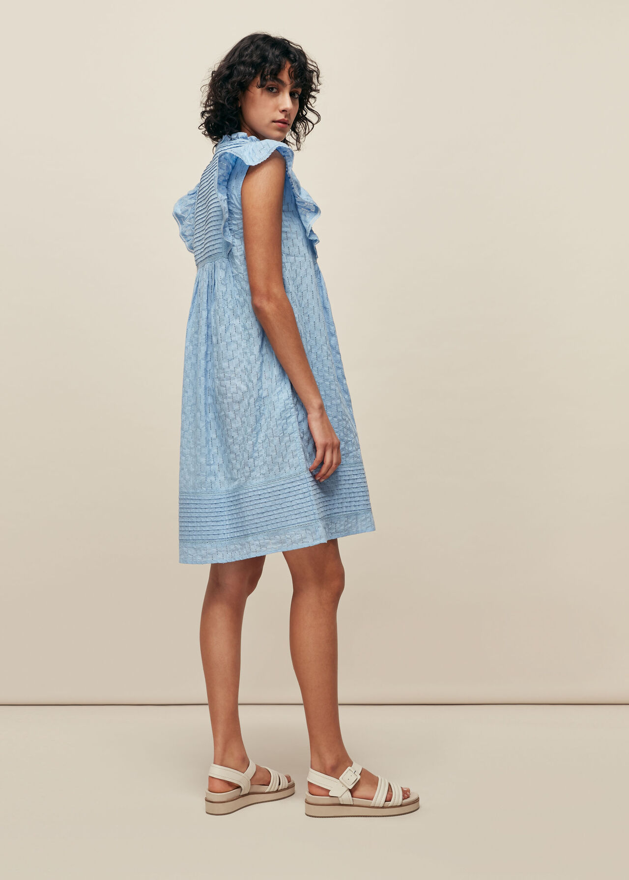 Pintuck Frill Cotton Dress Blue