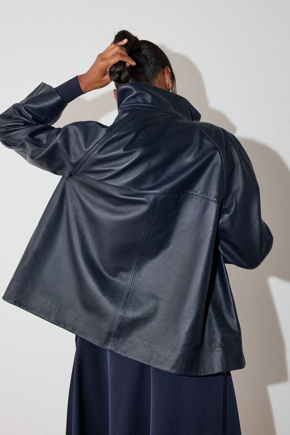 Navy Leather Funnel Neck Anorak