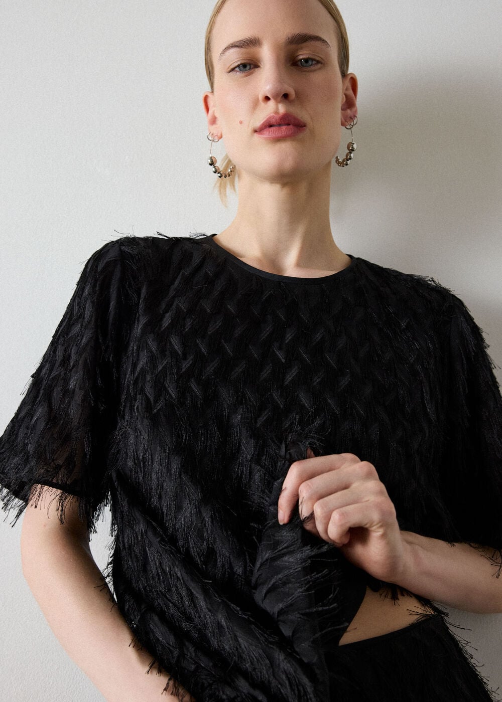 Black Fringe Textured Round Neck Top