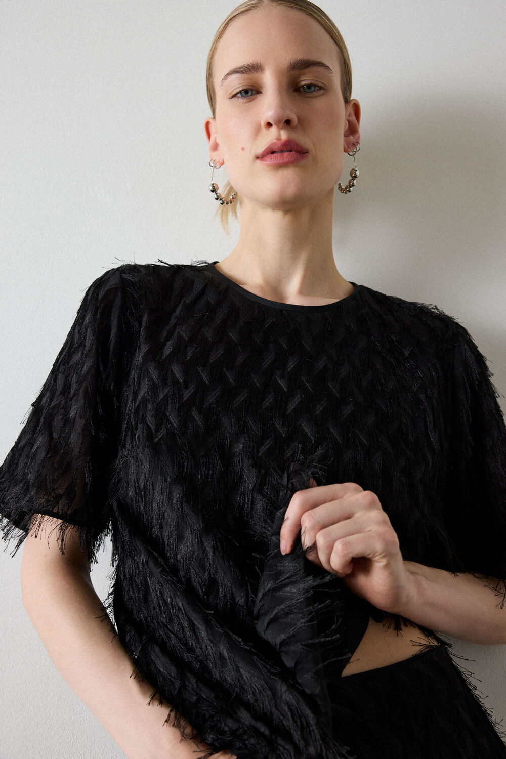 Black Fringe Textured Round Neck Top