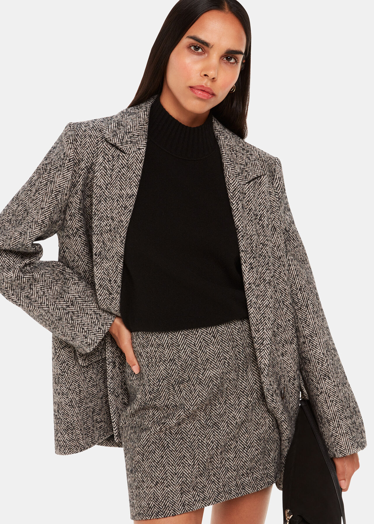Herringbone wool-blend tweed mini wrap skirt