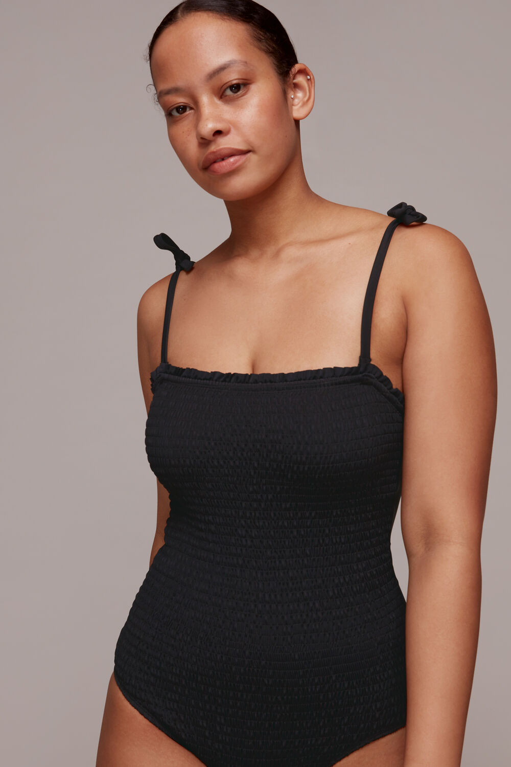 Shirred Tie Strap Swimsuit Black