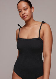Shirred Tie Strap Swimsuit Black