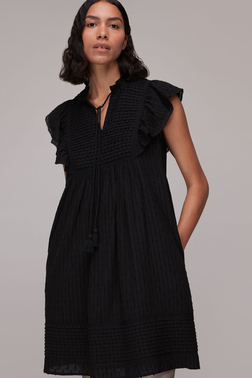 Pintuck Frill Cotton Dress Black