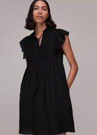 Pintuck Frill Cotton Dress Black