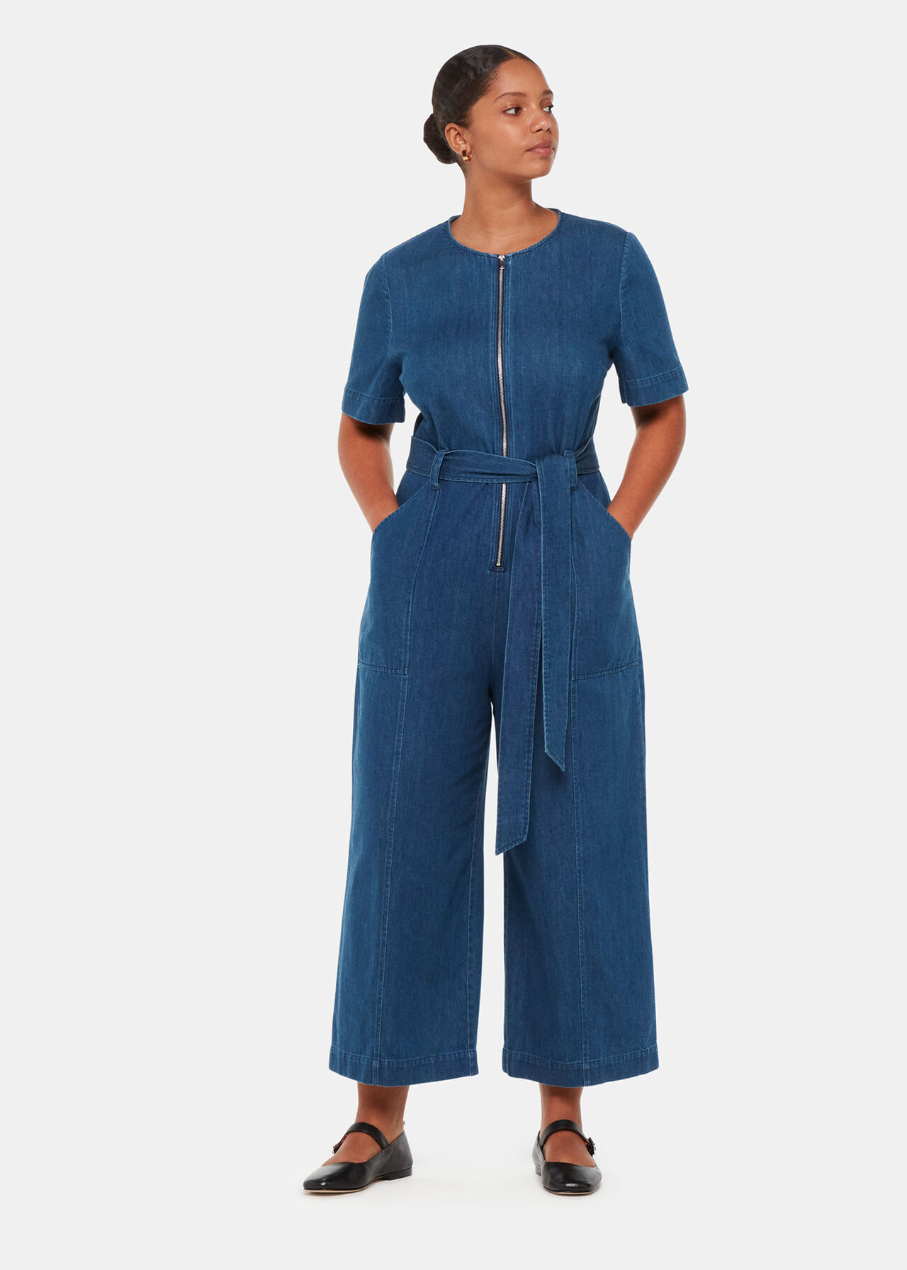 Blue Denim Short Sleeve Front Zip Jumpsuit Whistles AU Whistles AU