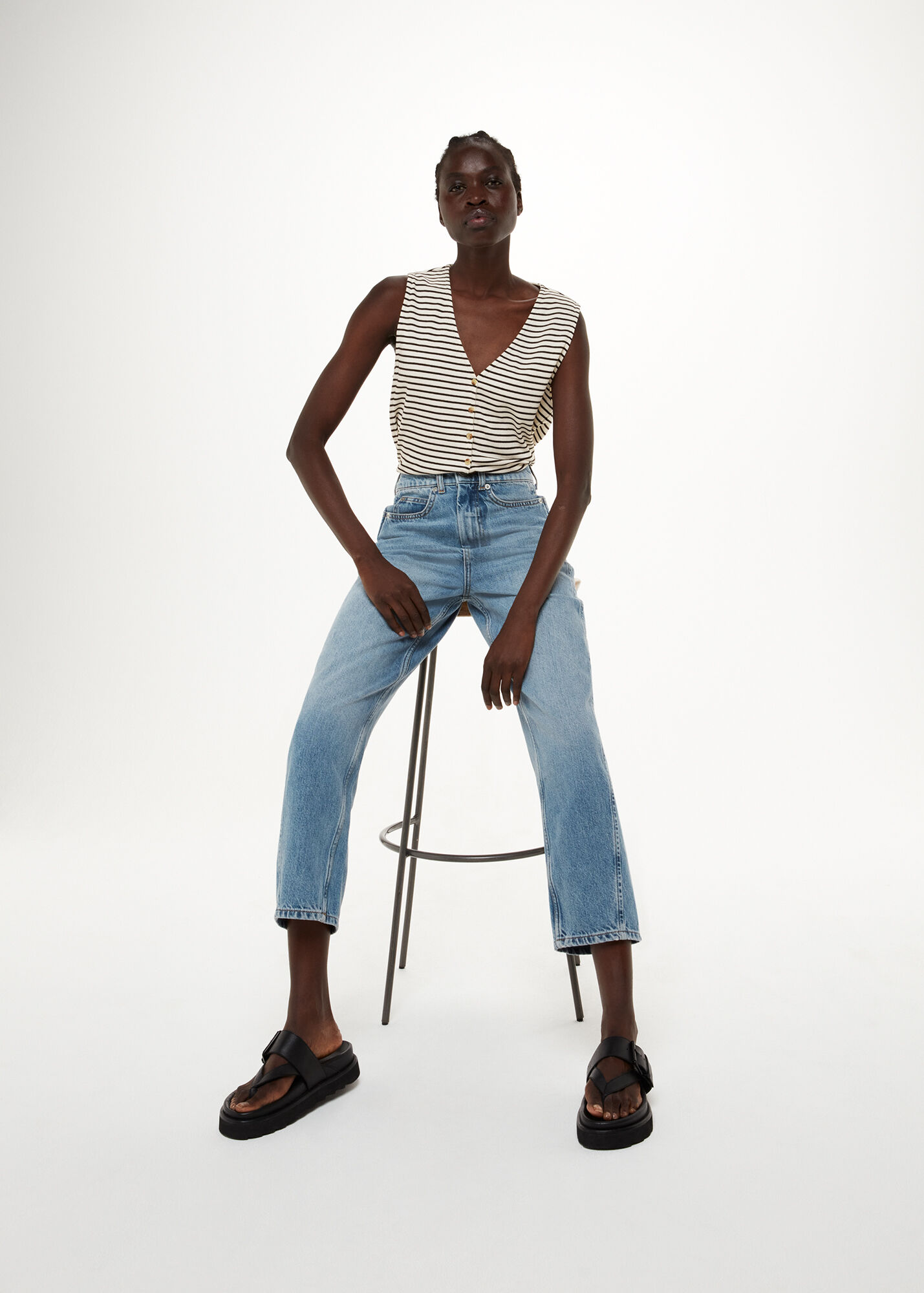 Decorative Button Asymmetrical Striped Tank