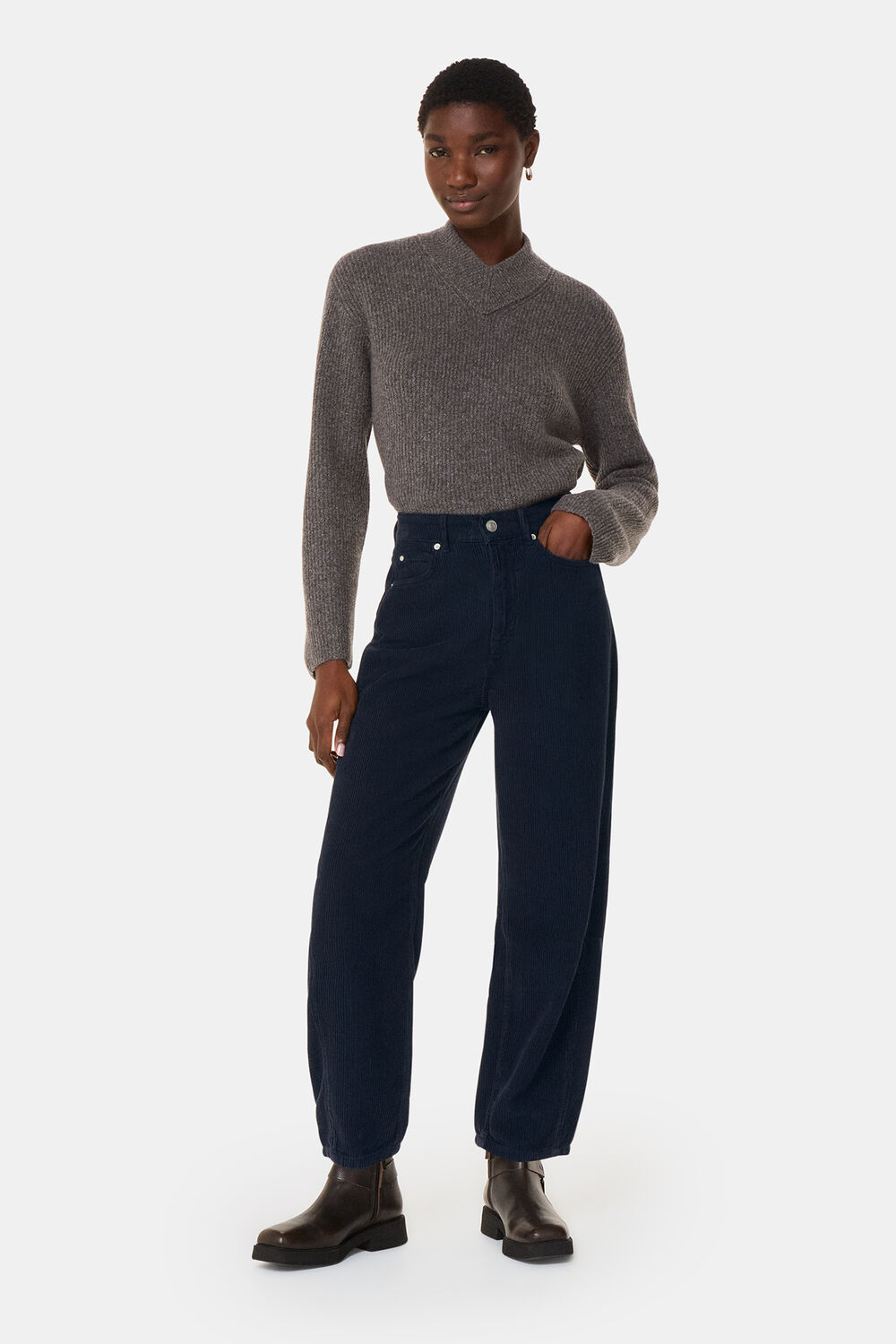 Navy High Waist Cord Barrel Jean
