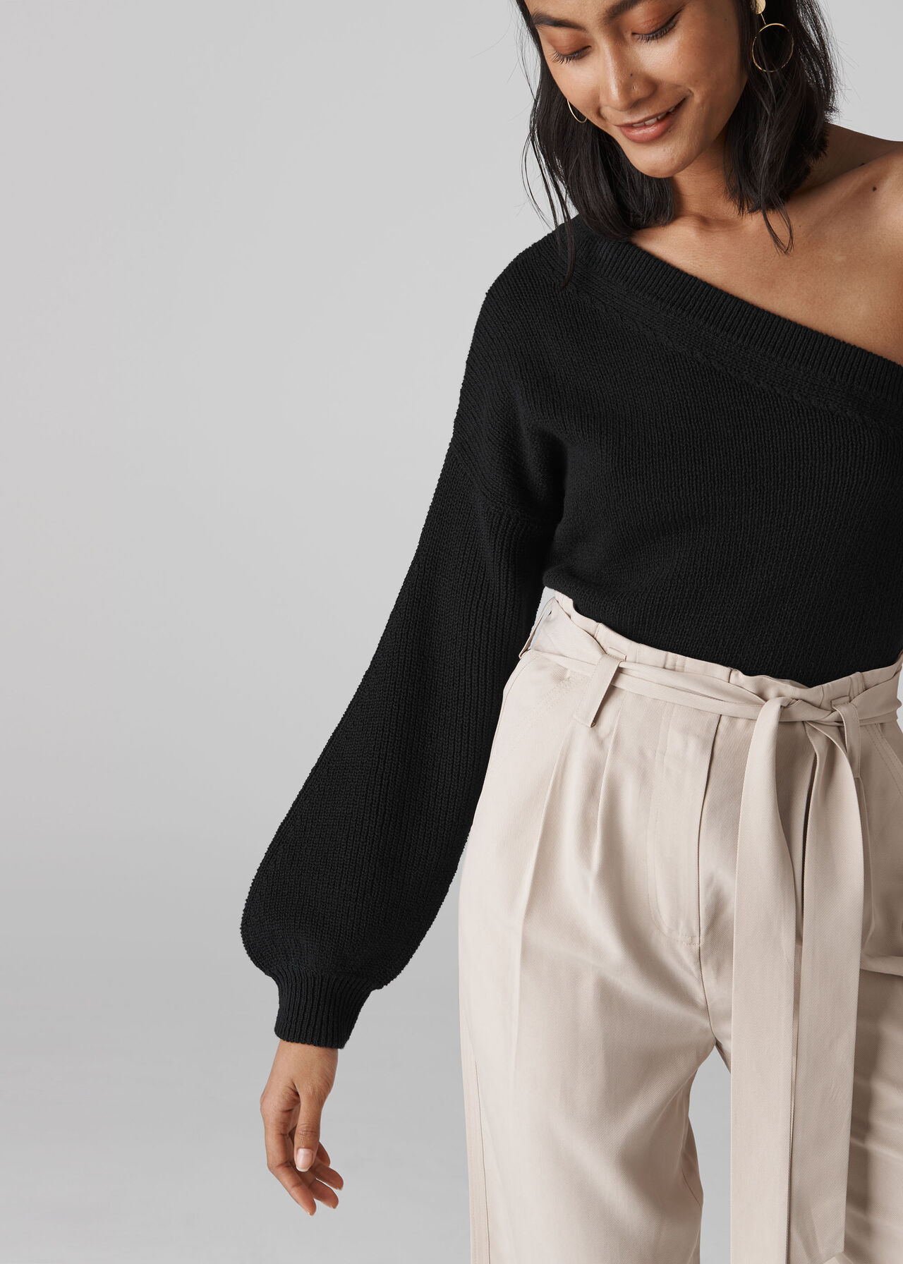 One Shoulder Blouson Knit Black