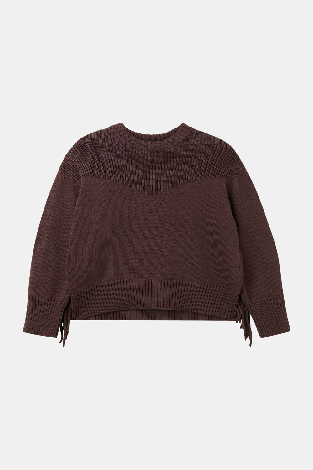 Brown Fringe Rib Detail Cotton Knit