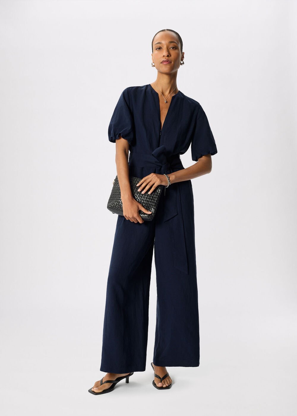 Linen Blend Tie Waist Jumpsuit