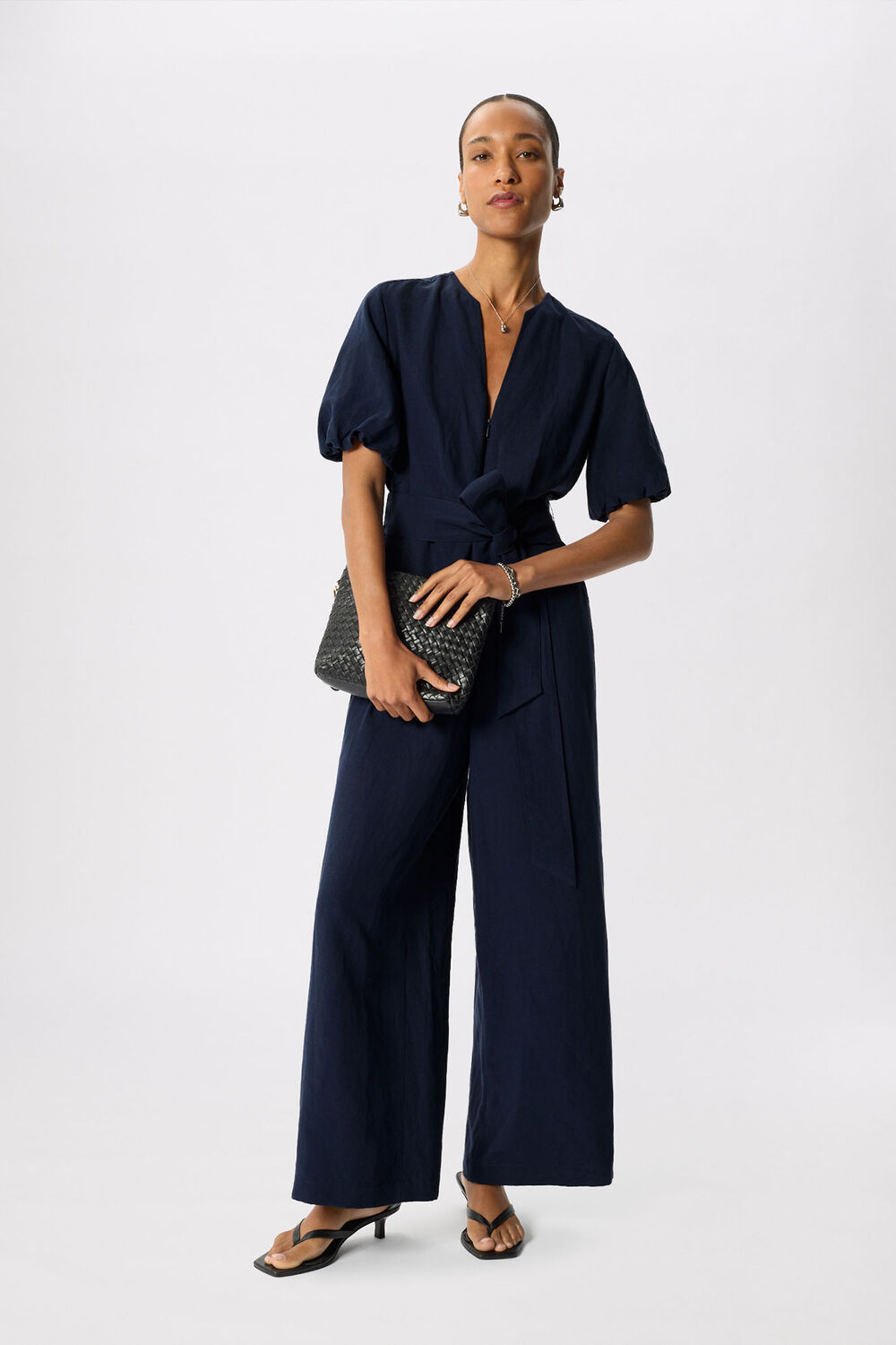 Navy Linen Blend Tie Waist Jumpsuit