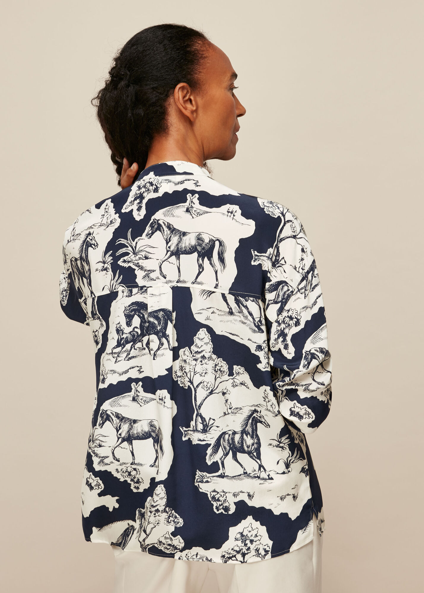 Ruffle Front Cotton Blouse - Stallion Print