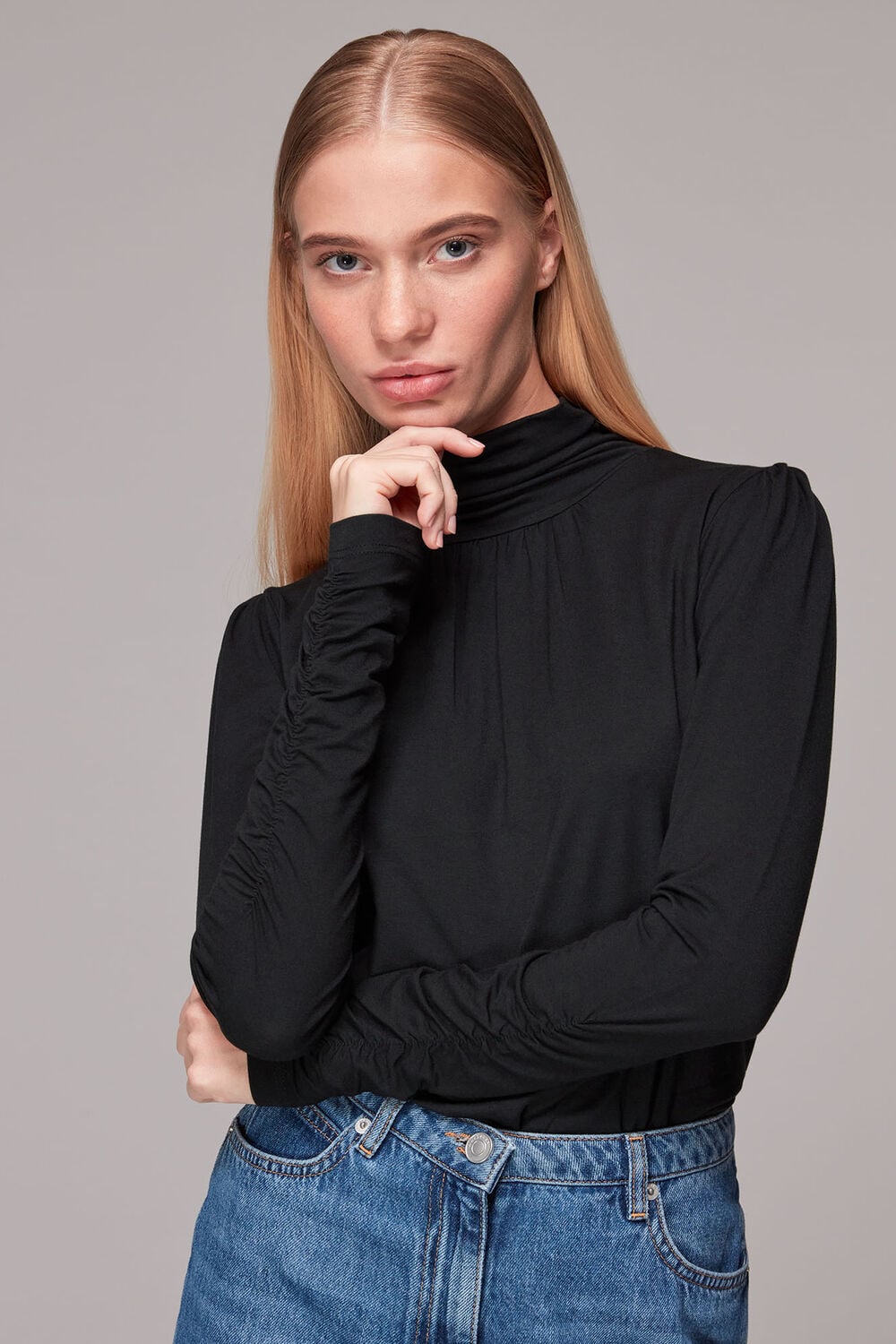 Black High Neck Ruched Sleeve Top