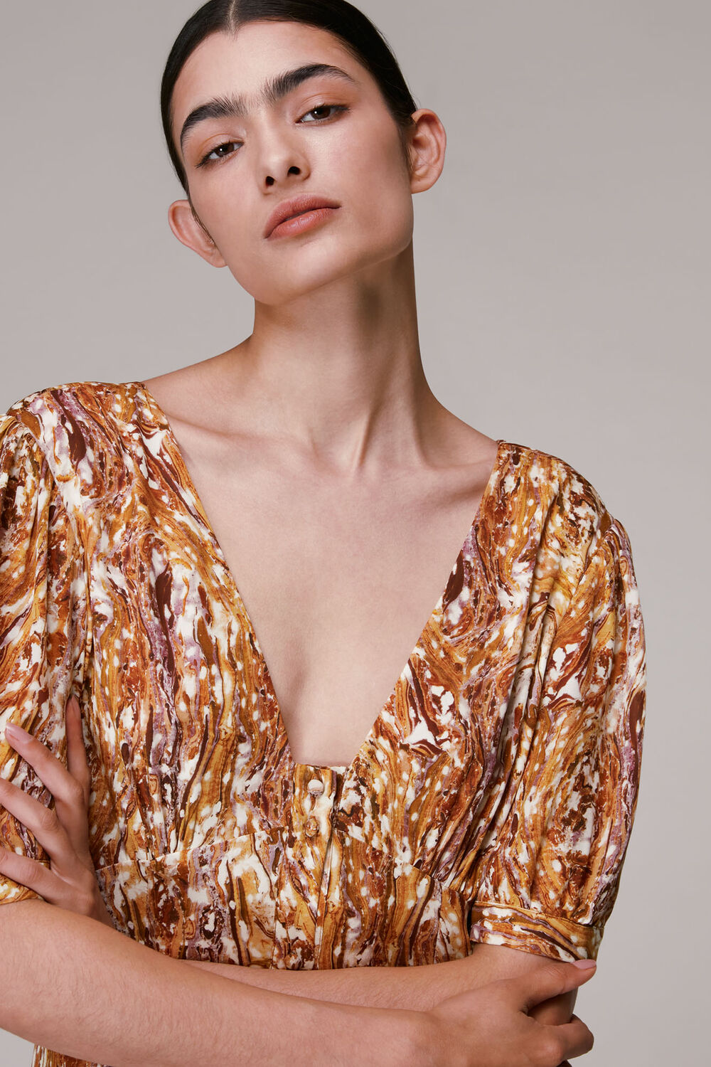 Multicolour Marble Print Silk Midi Dress