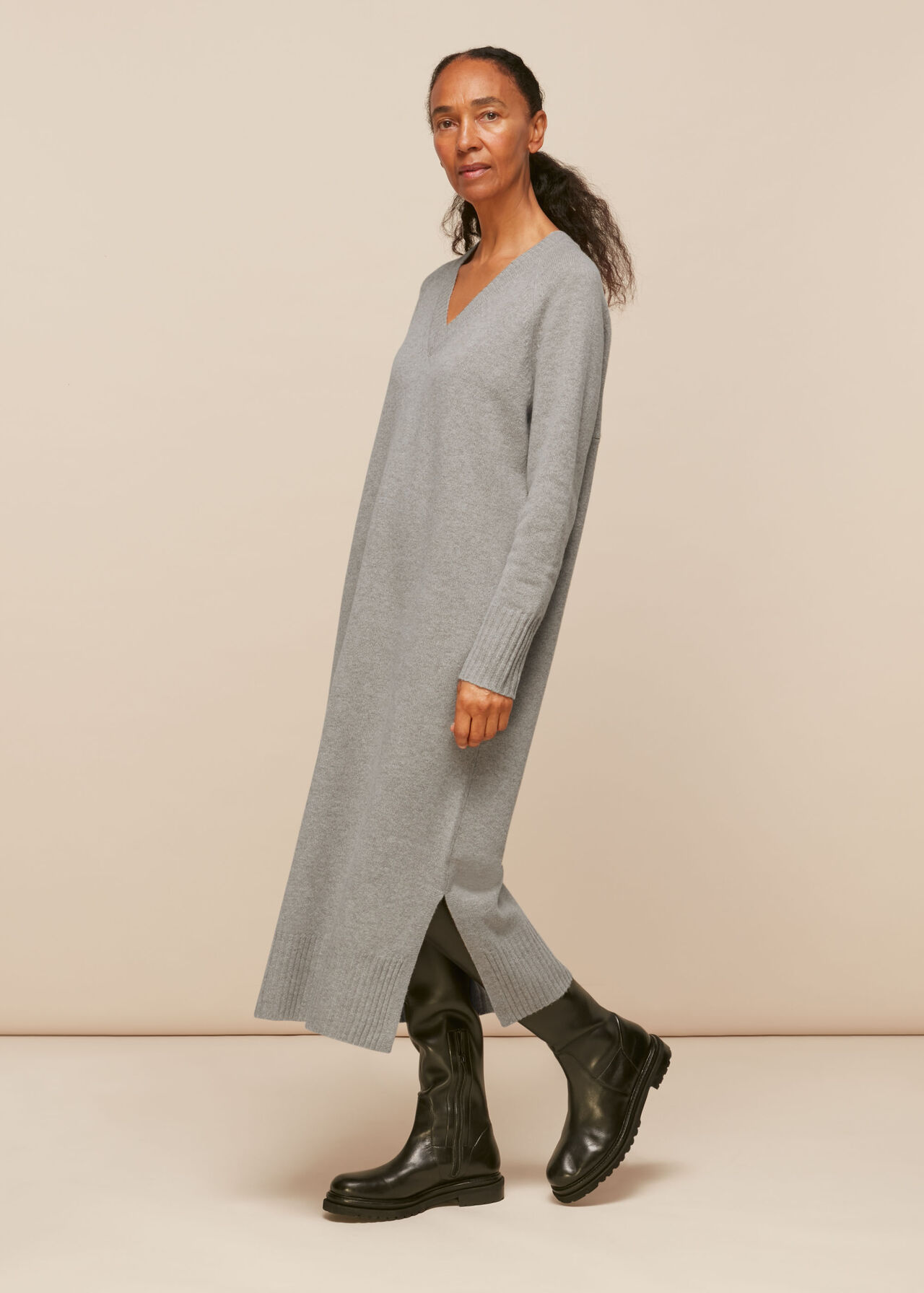 Grey Marl V Neck Knitted Dress, WHISTLES