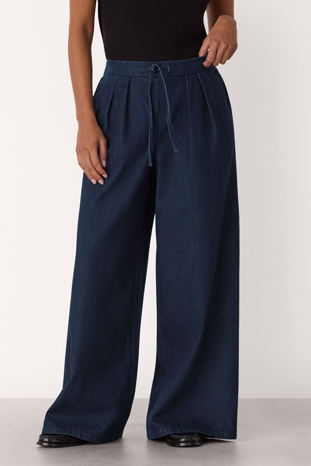 Dark Denim Petite Cotton Wide Leg Pleat Trouser