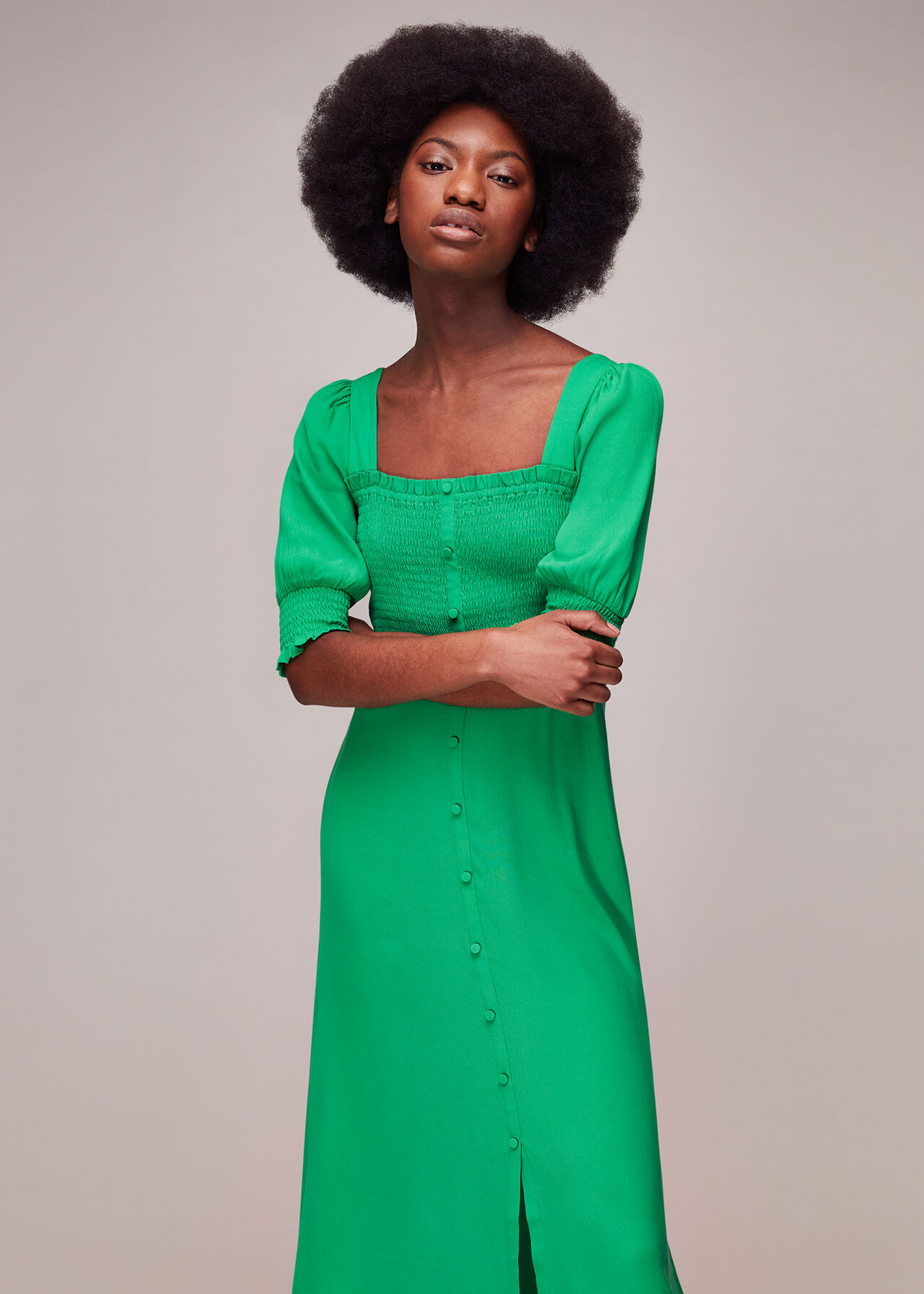 Green Luna Shirred Bodice Midi Dress | WHISTLES