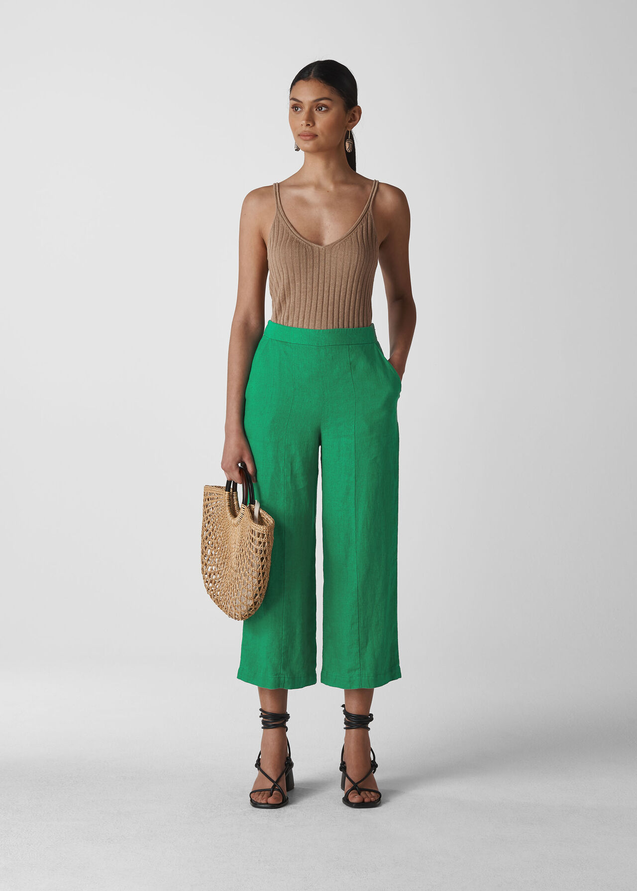 Linen Crop Wide Leg Green