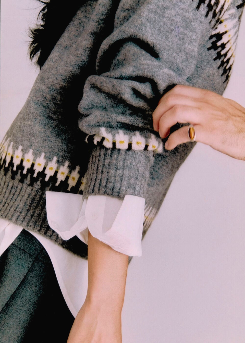 Grey Wool Mix Fairisle Detail Knit