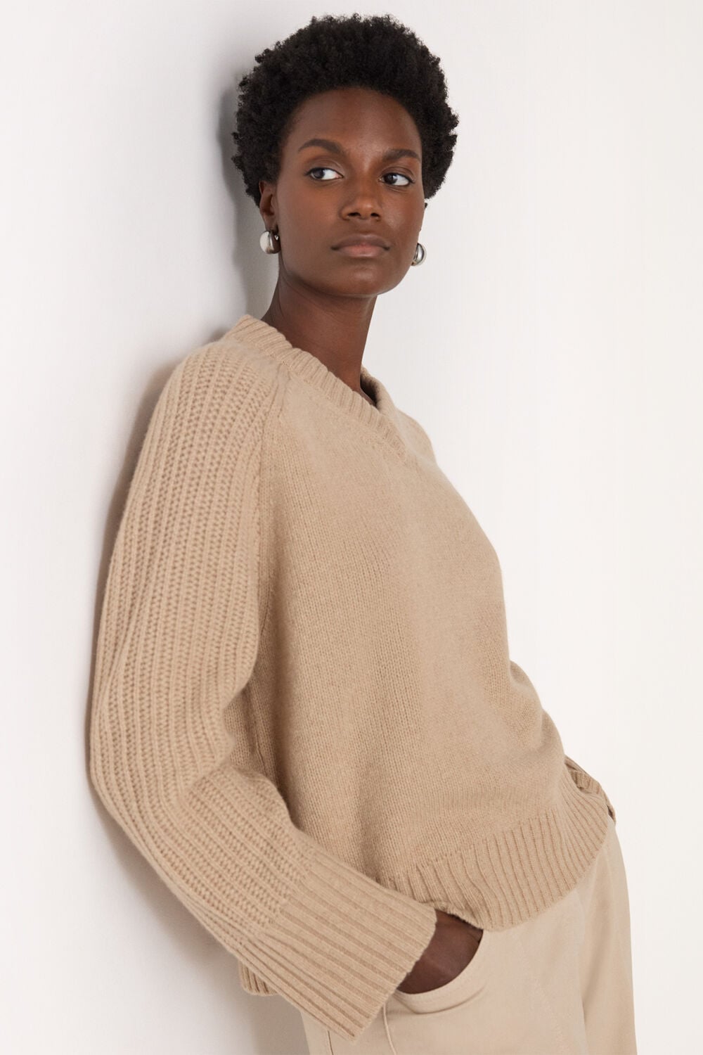 Camel Wool Ribbed Sleeve V Neck Knit