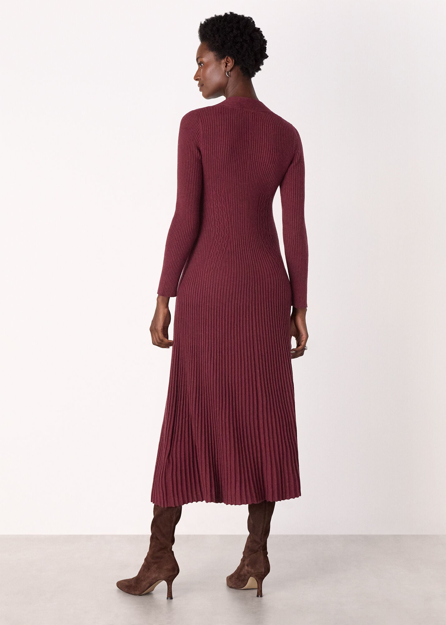 Burgundy V Neck Cable Ribbed Knit Dress | WHISTLES | Whistles US |