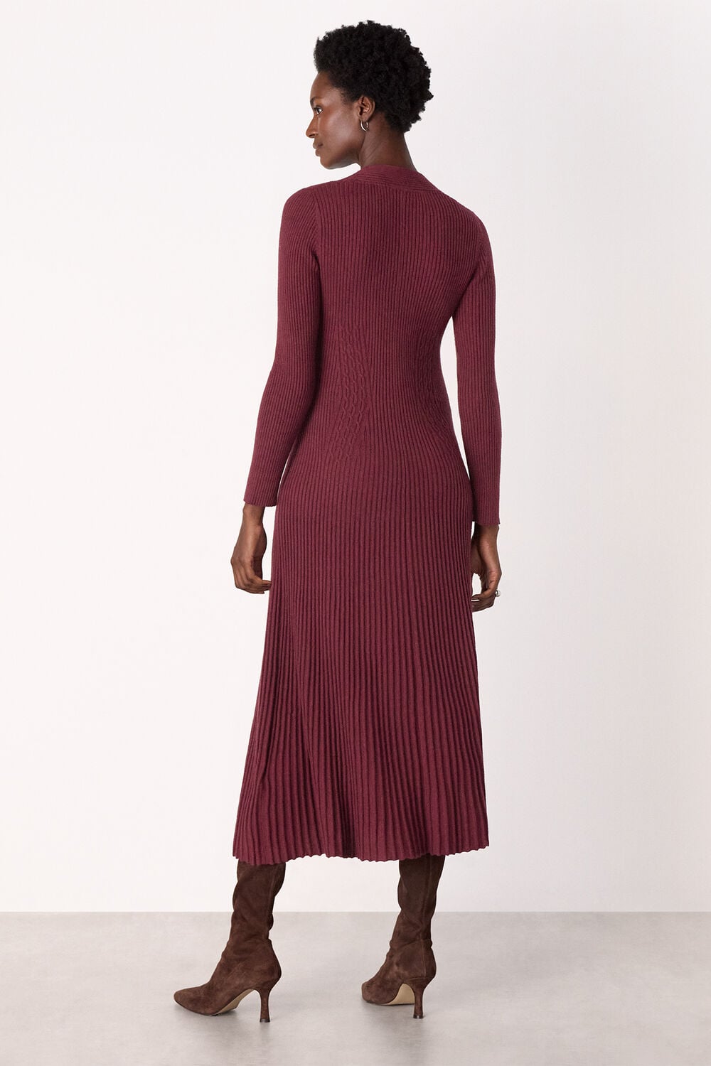 Burgundy V Neck Cable Ribbed Knit Dress