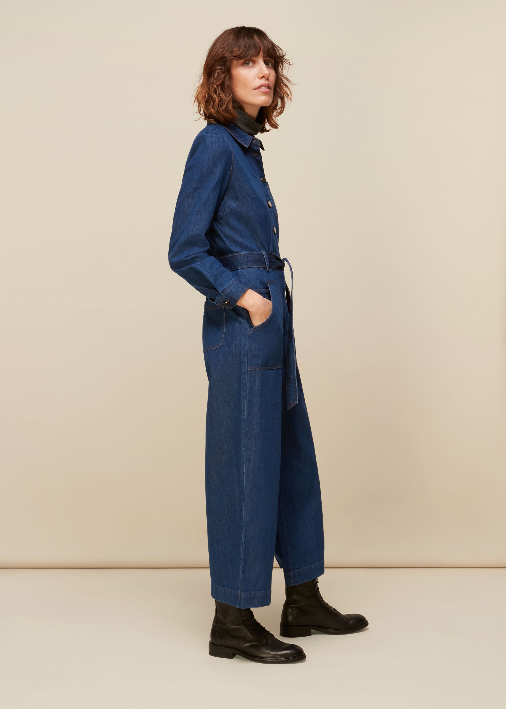Belted denim jumpsuit on sale