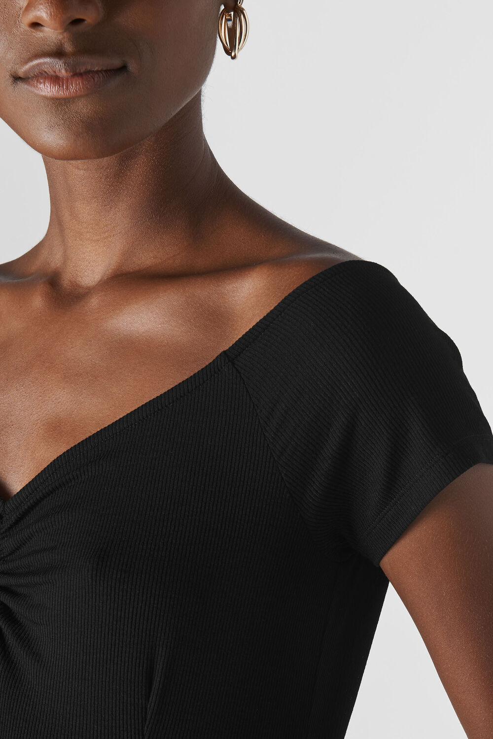 Gather Front Bardot Rib Top Black