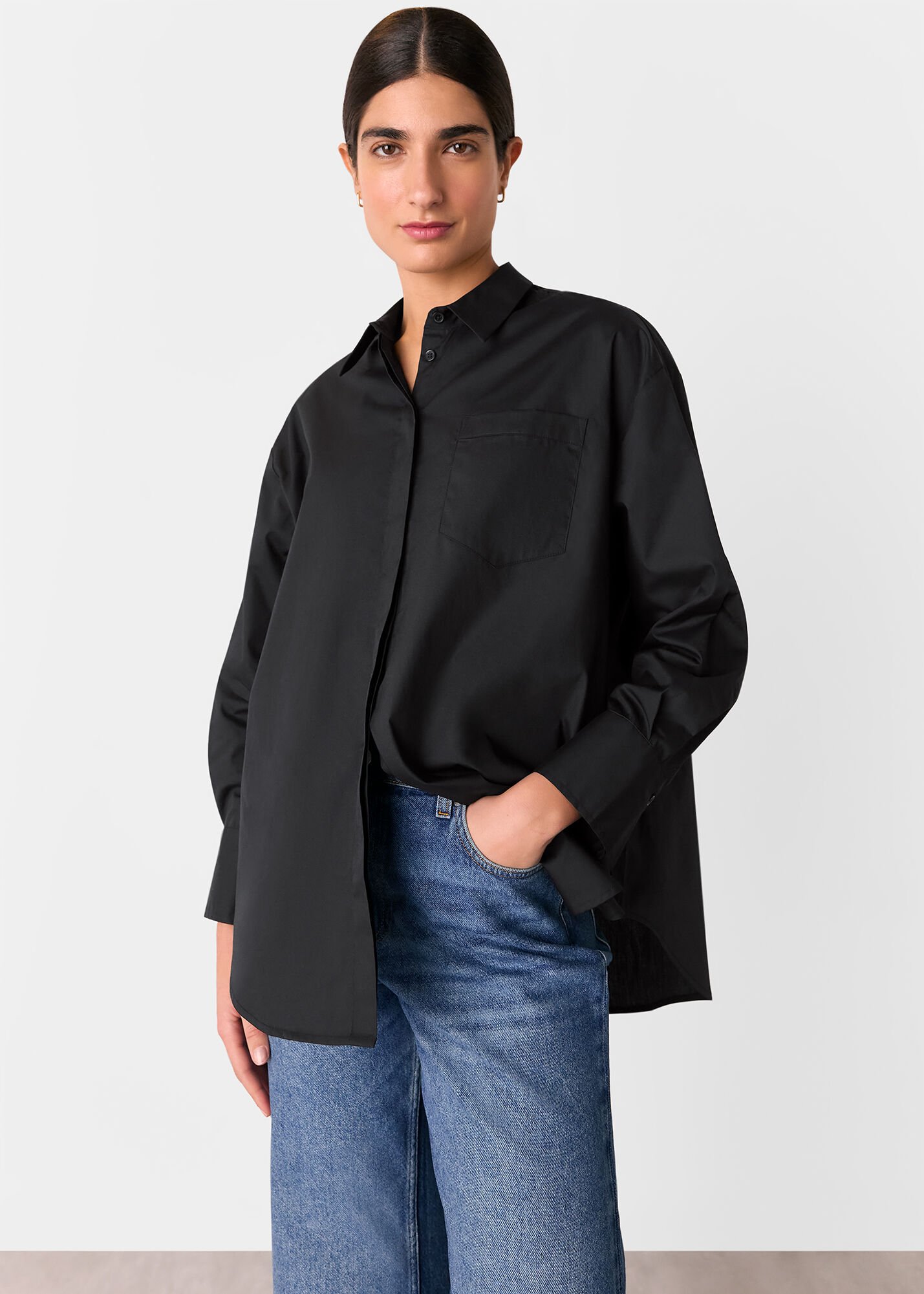 Black Oversized Cotton Shirt | WHISTLES | Whistles US |