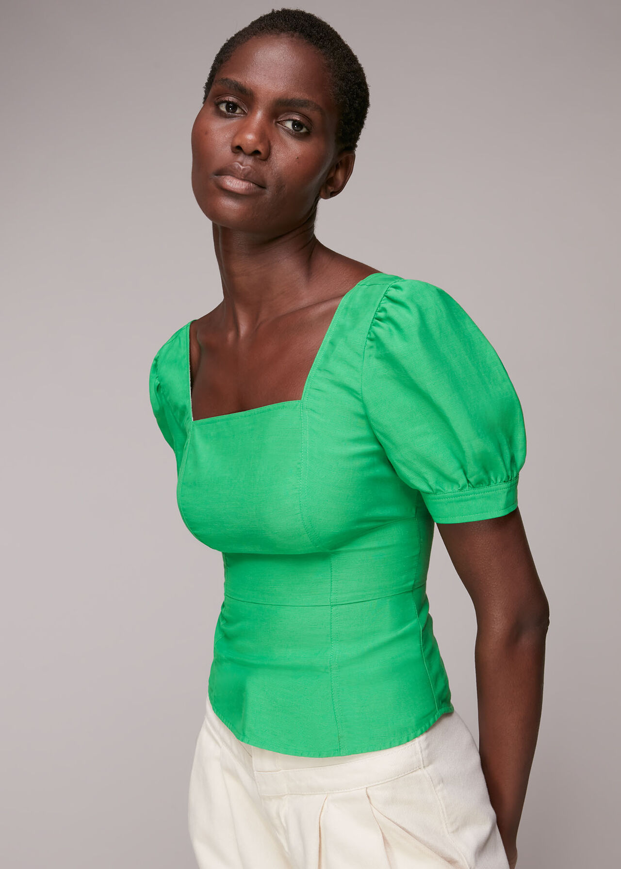Green Puff Sleeve Zip Back Top | WHISTLES