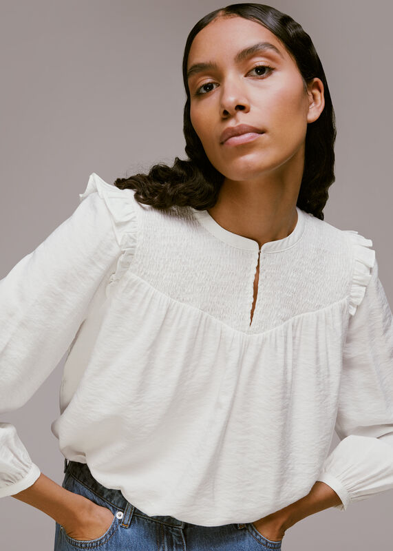 White Megan Shirred Detail Top