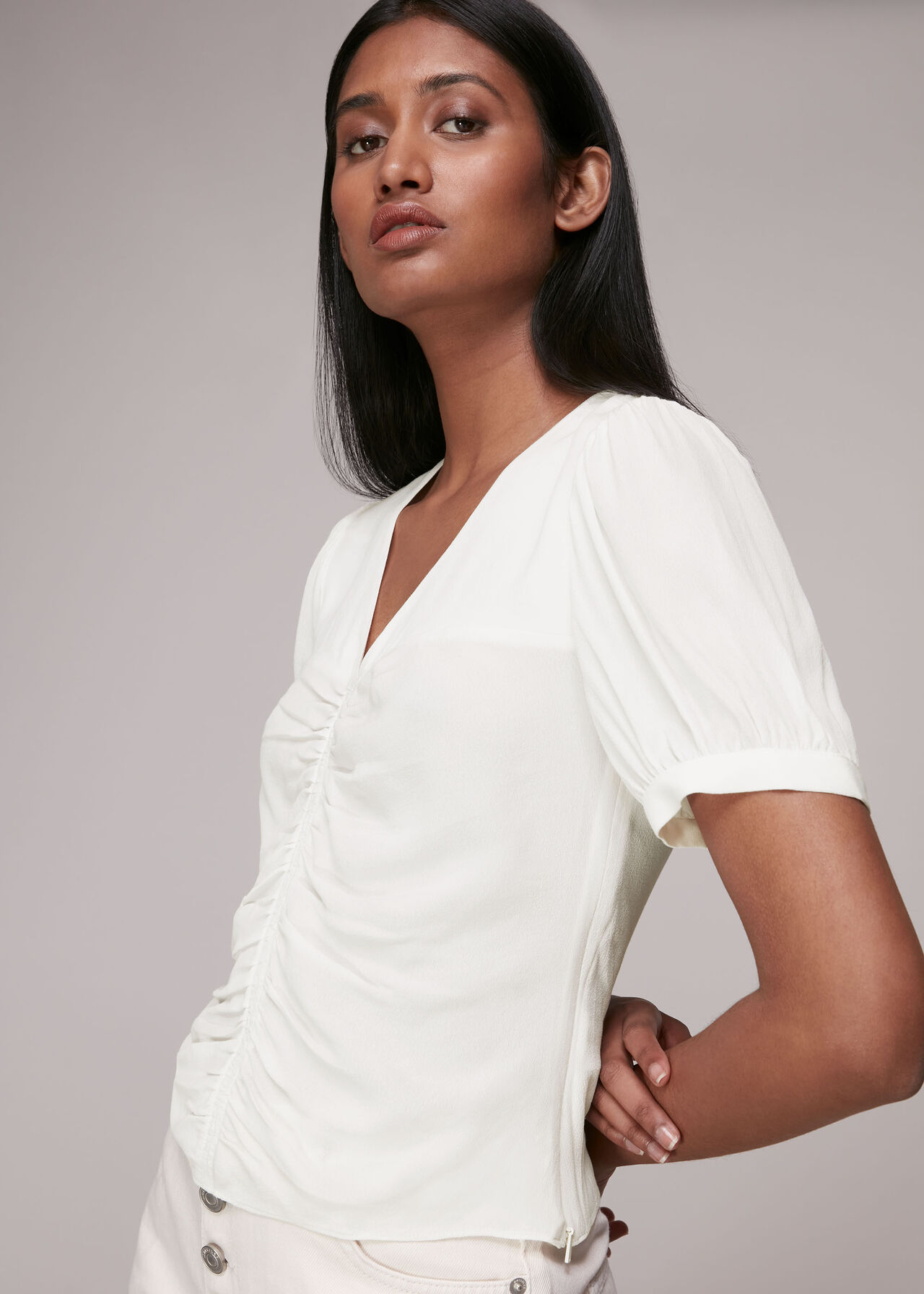 White V Neck Gather Detail Top, WHISTLES