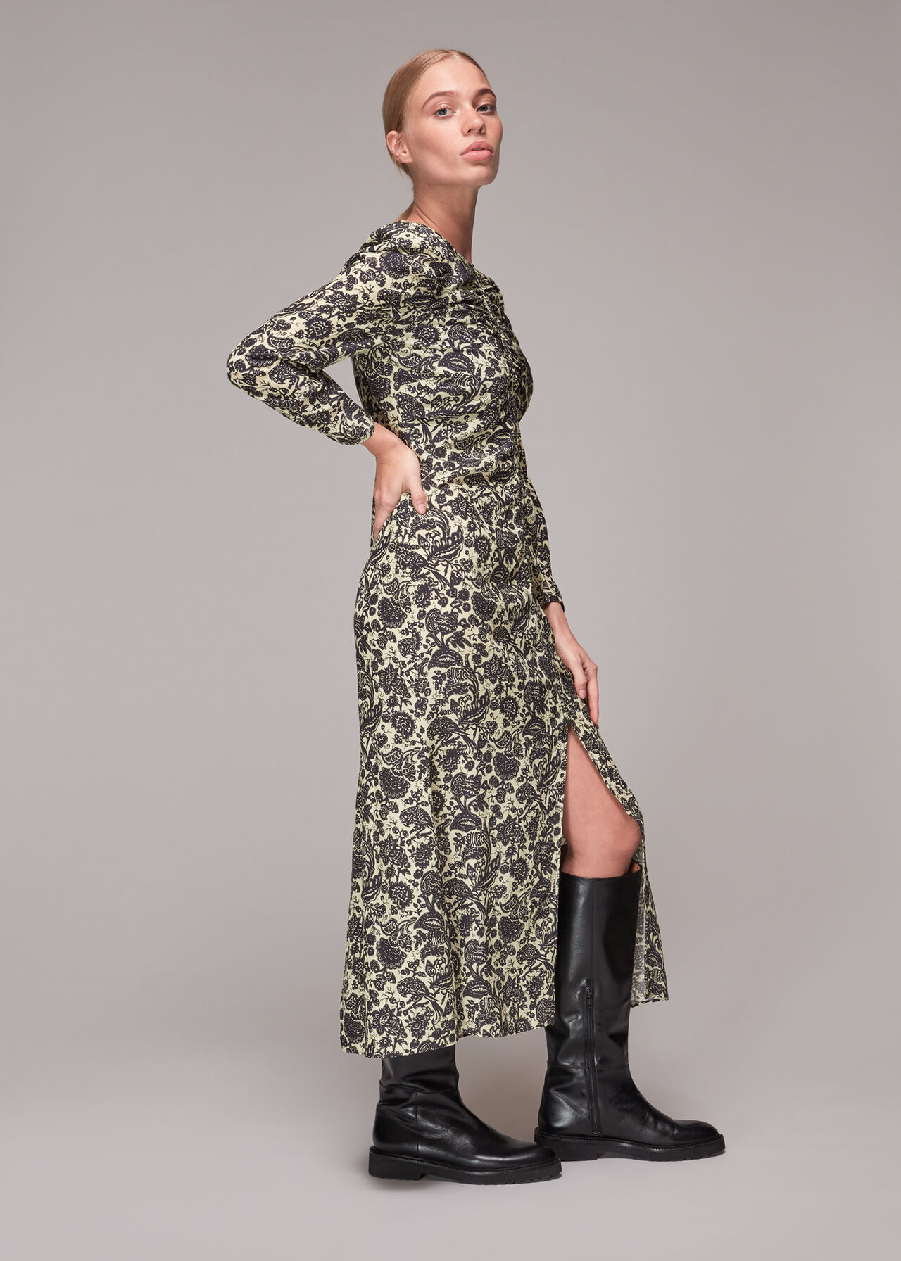 Folk Floral Silk Ruched Dress