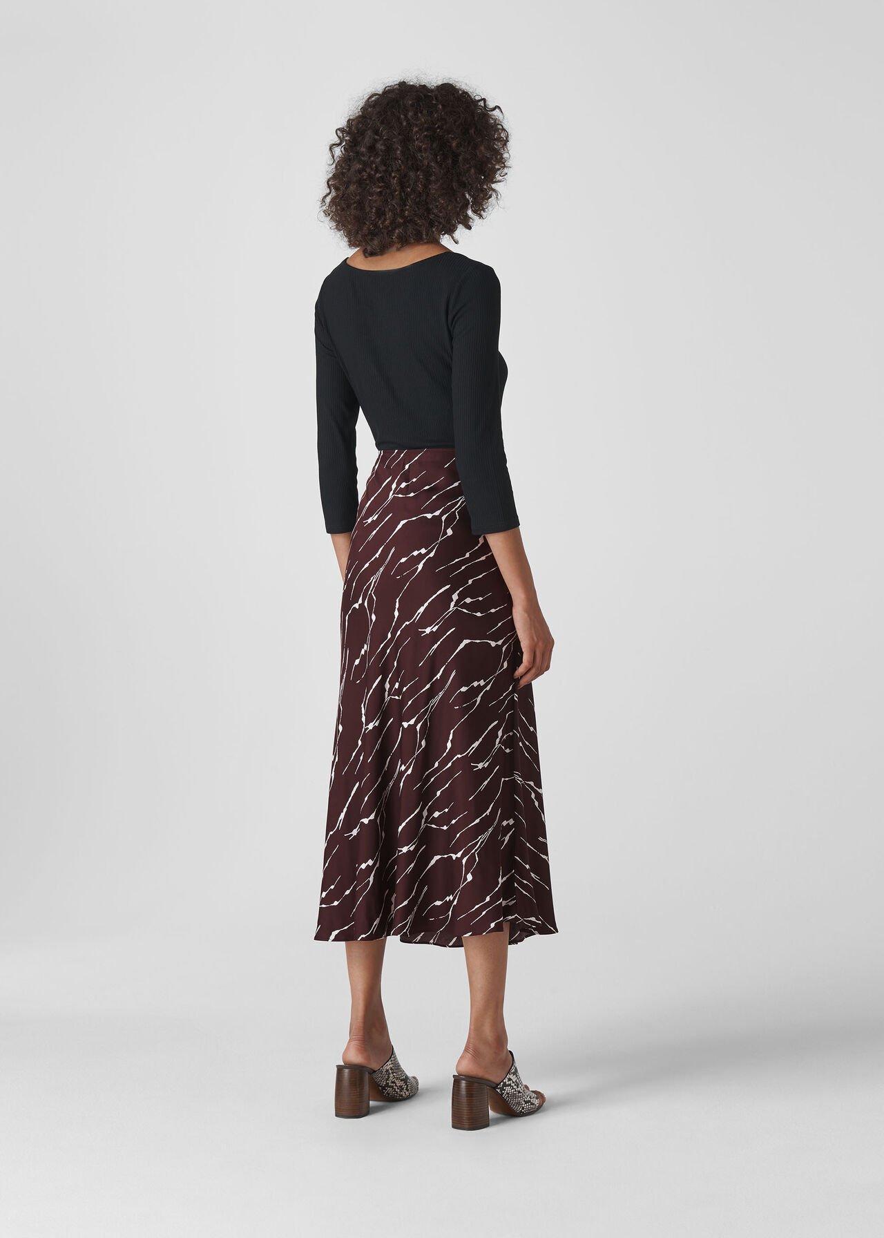 Twig Print Bias Cut Skirt Burgundy