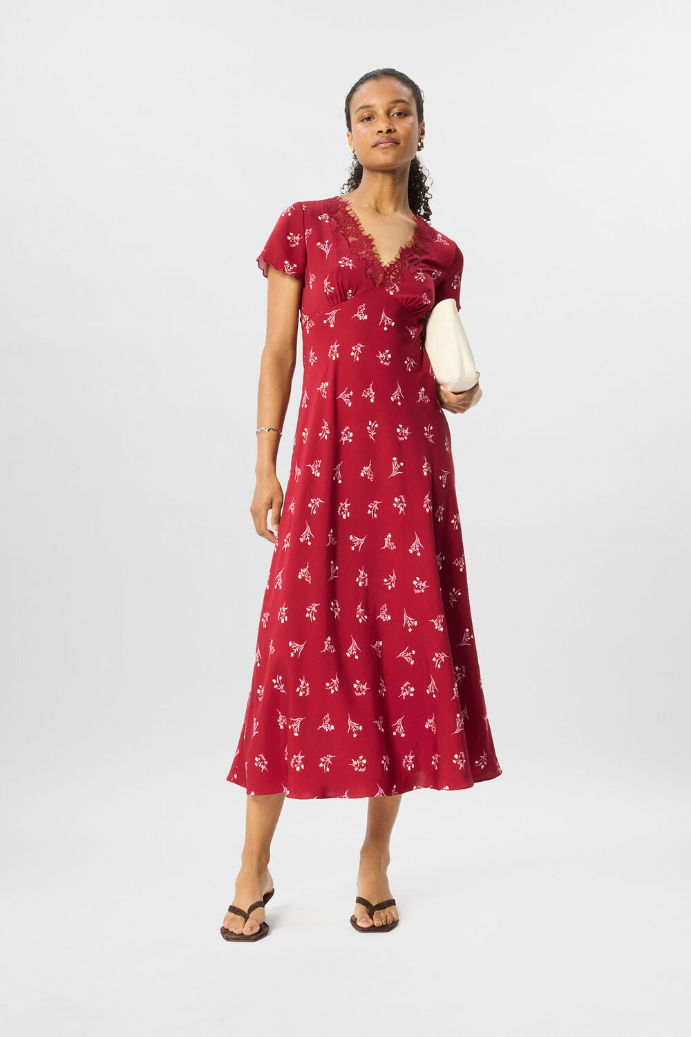 Burgundy Petite Floral Lace Trim Midi Dress