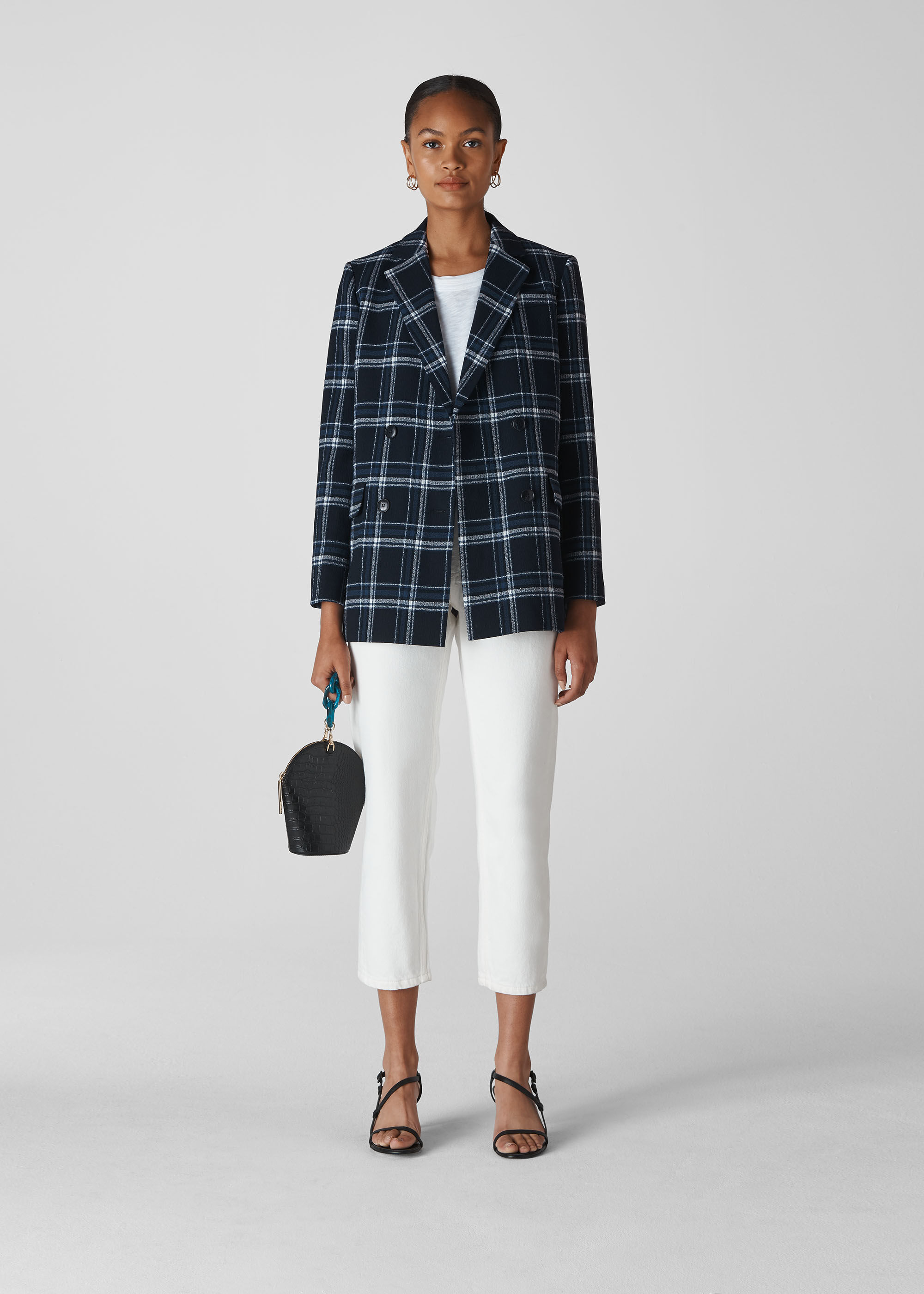 Navy Multi Check Double Breasted Blazer WHISTLES Whistles UK